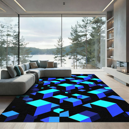 Electric Blue Geometric Floating Cubes Abstract Rug