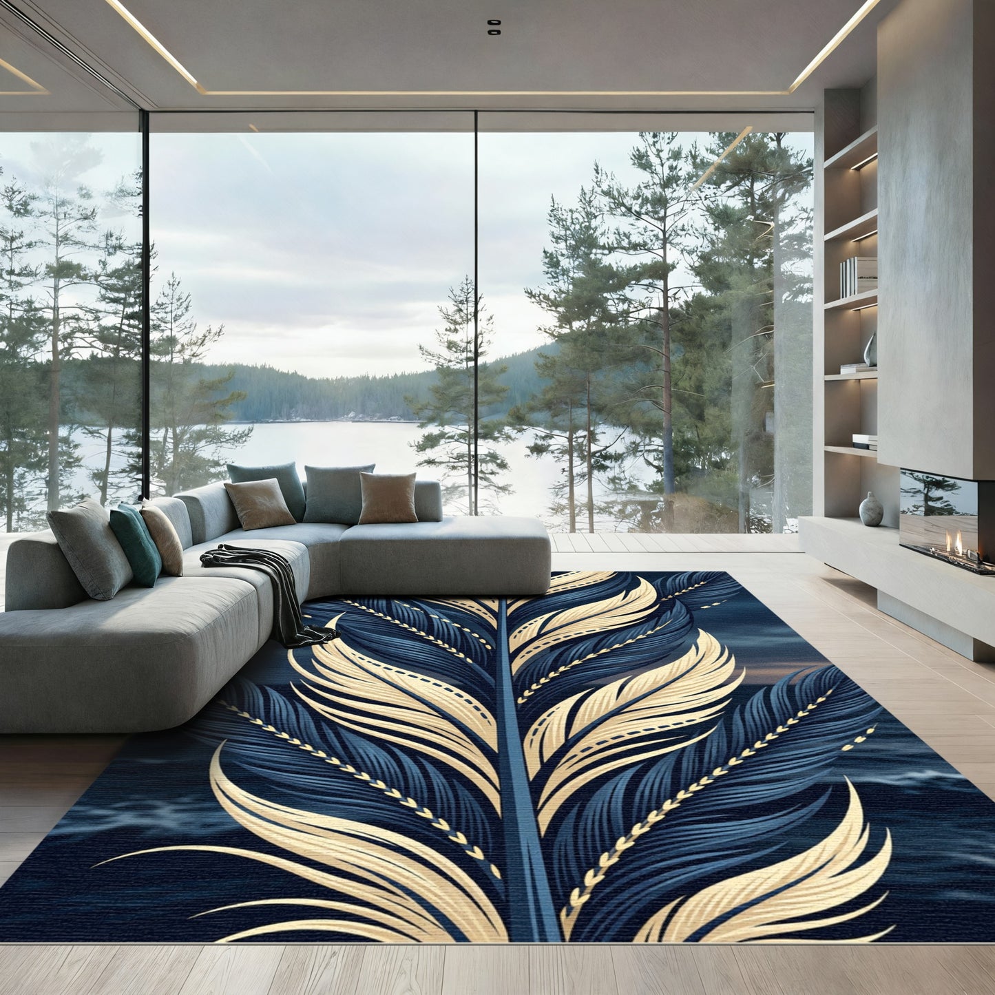 Golden Feather Navy Blue Symmetrical Art Rug