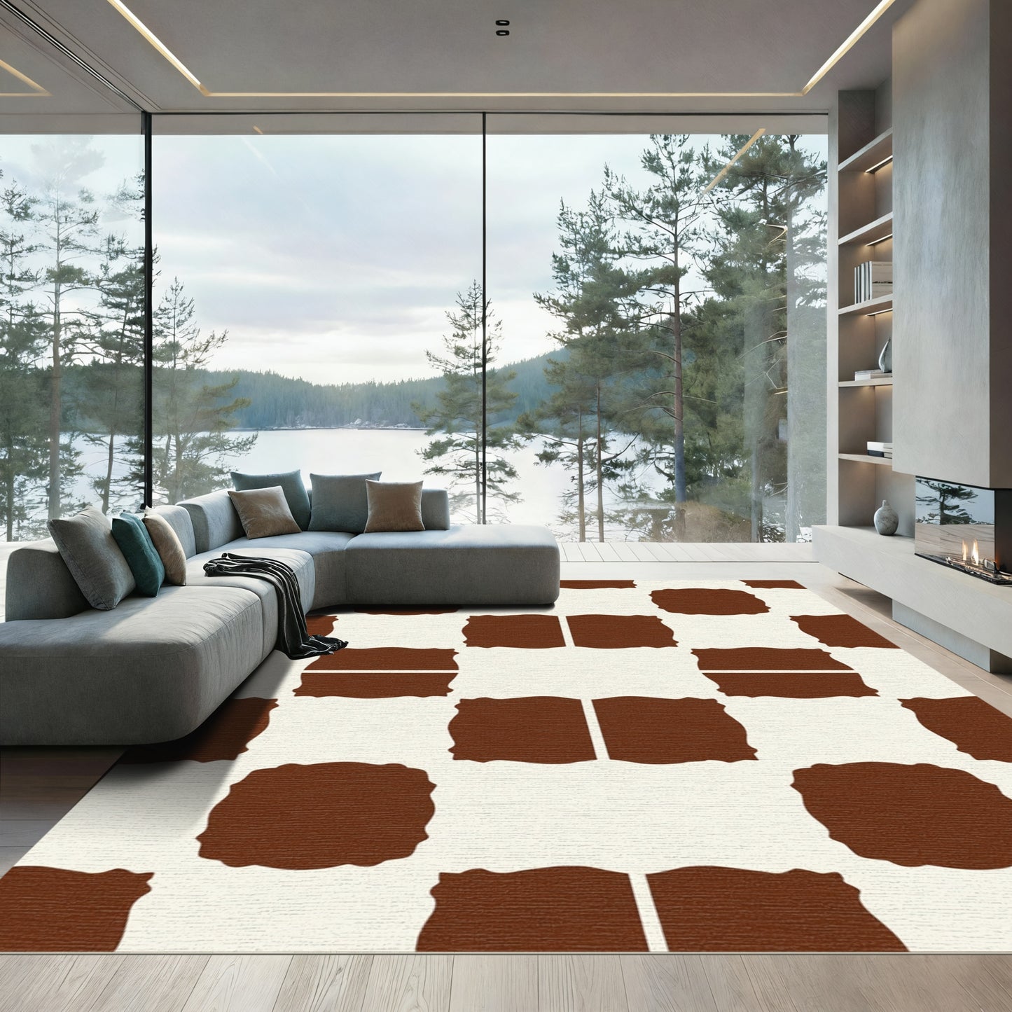 Brown Ivory Repeating Block Pattern Rug