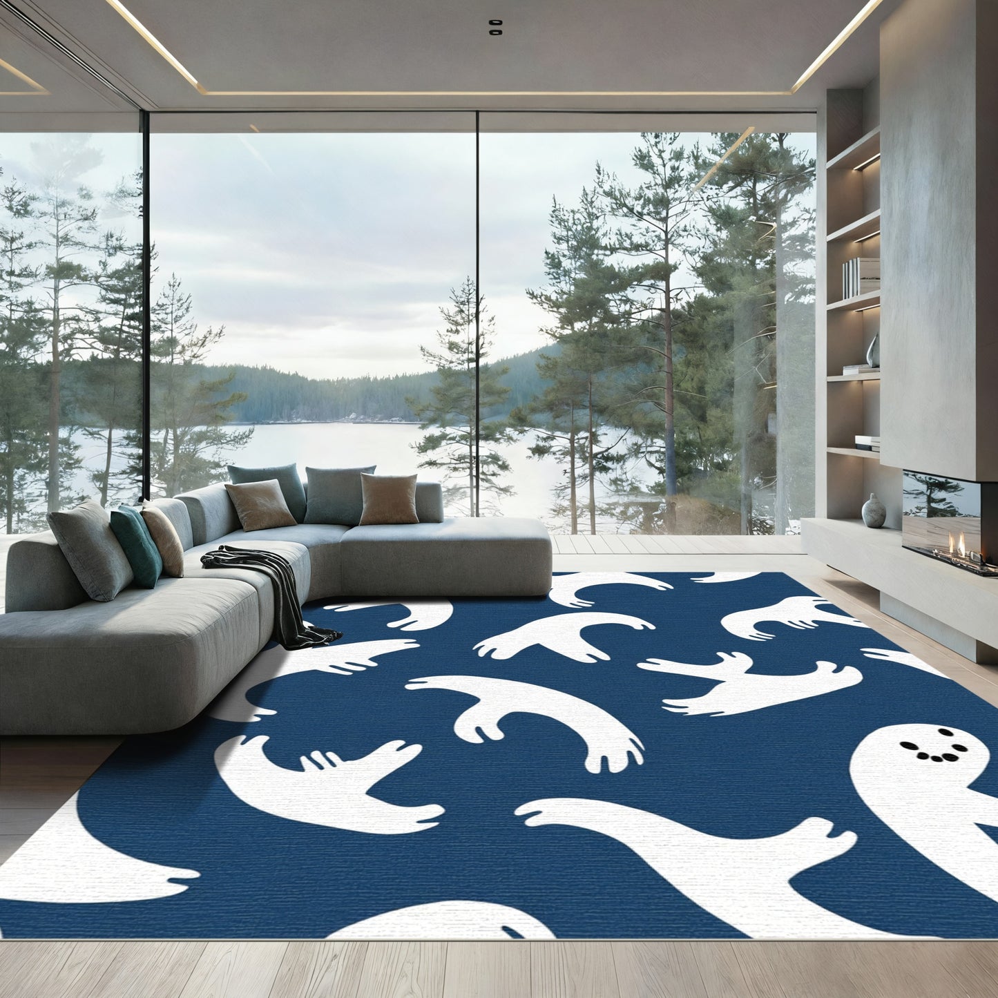 White Spooky Ghost Navy Abstract Rug