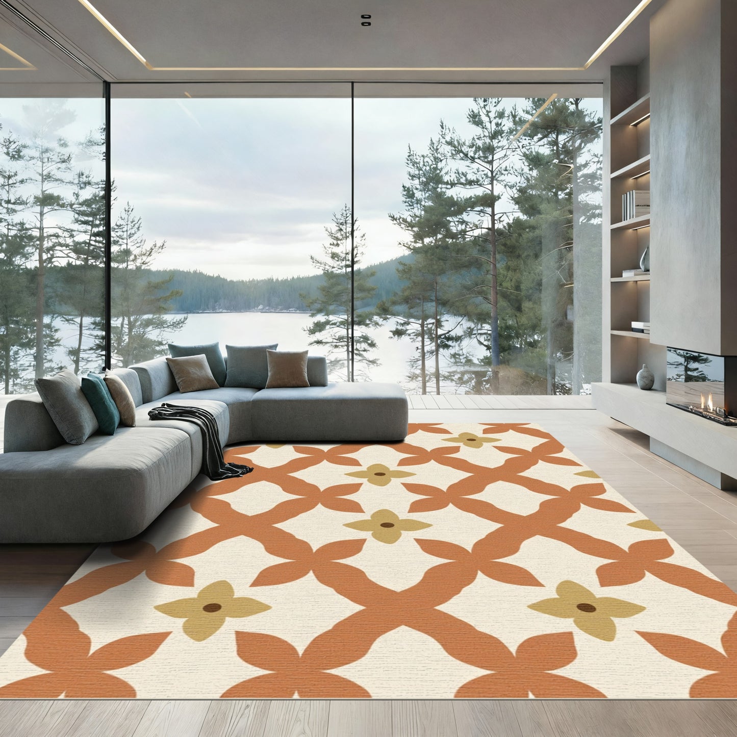 Terracotta Lattice Floral Inlay Rug