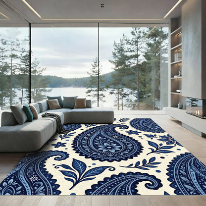 Elegant Blue Paisley Floral Art Rug