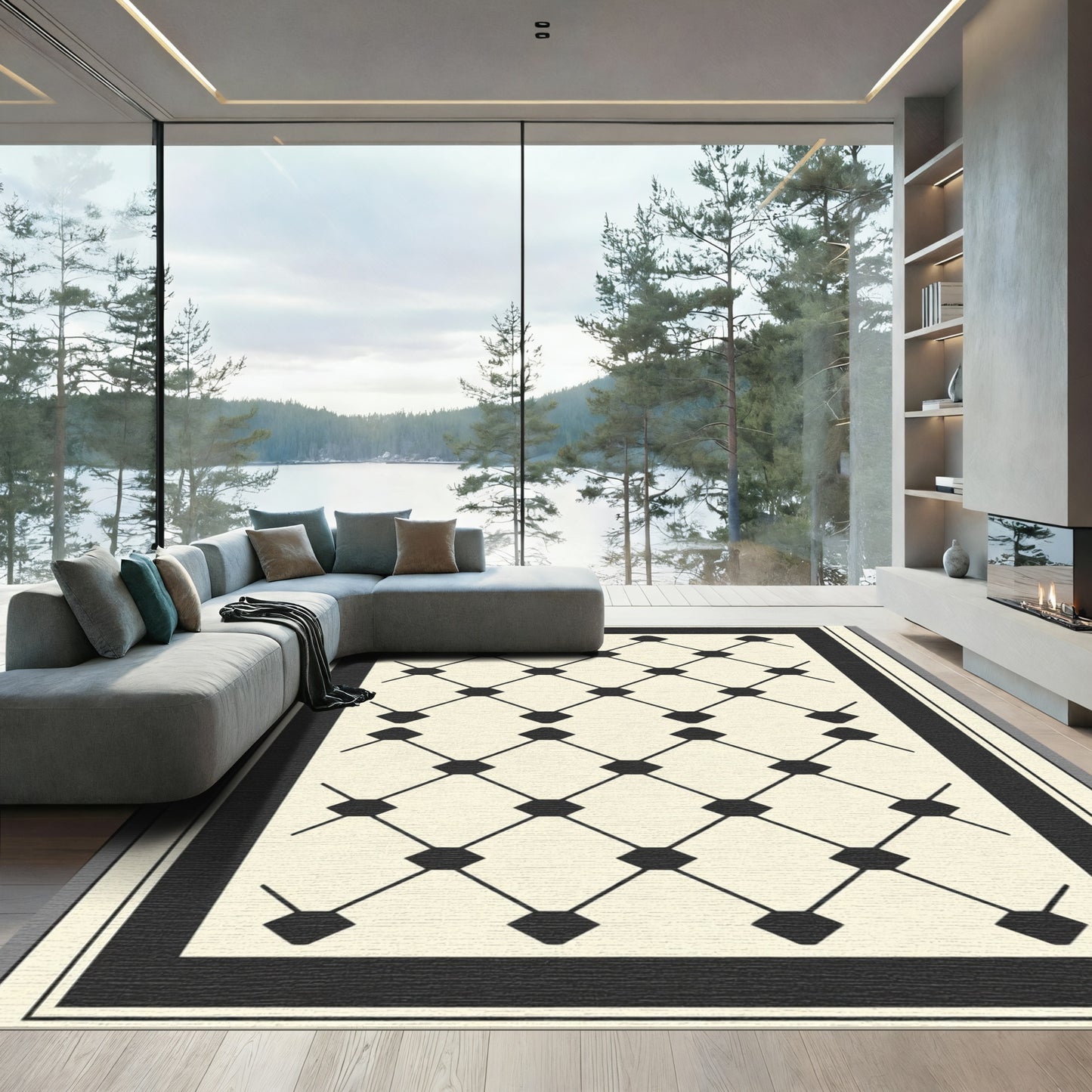 Cream Black Diamond Lattice Border Rug