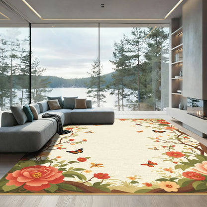 Coral Peony Butterfly Garden Branches Rug