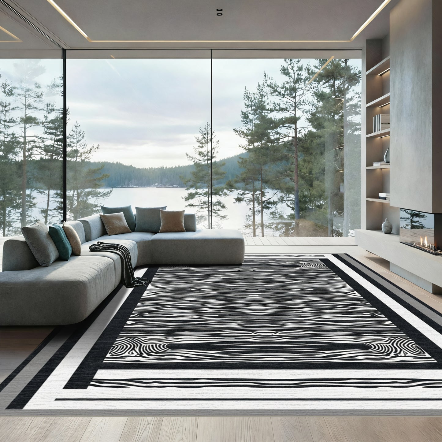 Abstract Black White Wood Grain Rectangles Rug