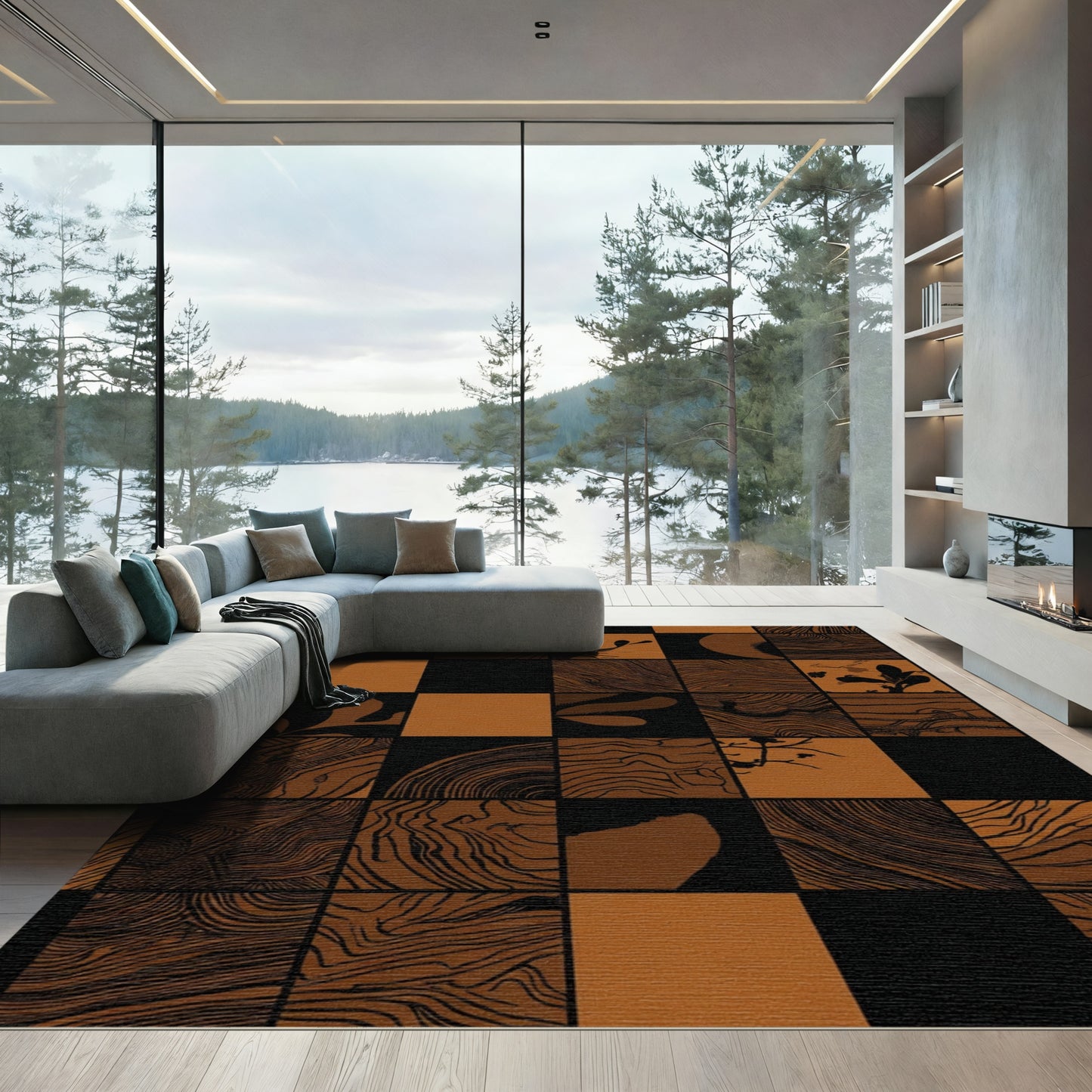 Sepia Wood Grain Checkerboard Art Rug