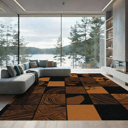 Sepia Wood Grain Checkerboard Art Rug