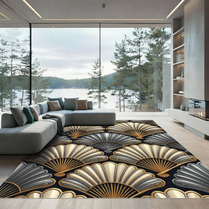 Art Deco Gold Silver Fan Pattern Rug