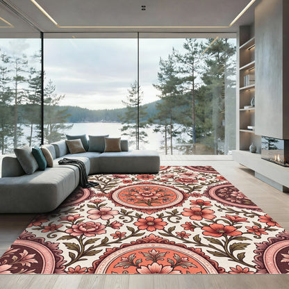 Coral Pink Floral Scroll Medallion Rug