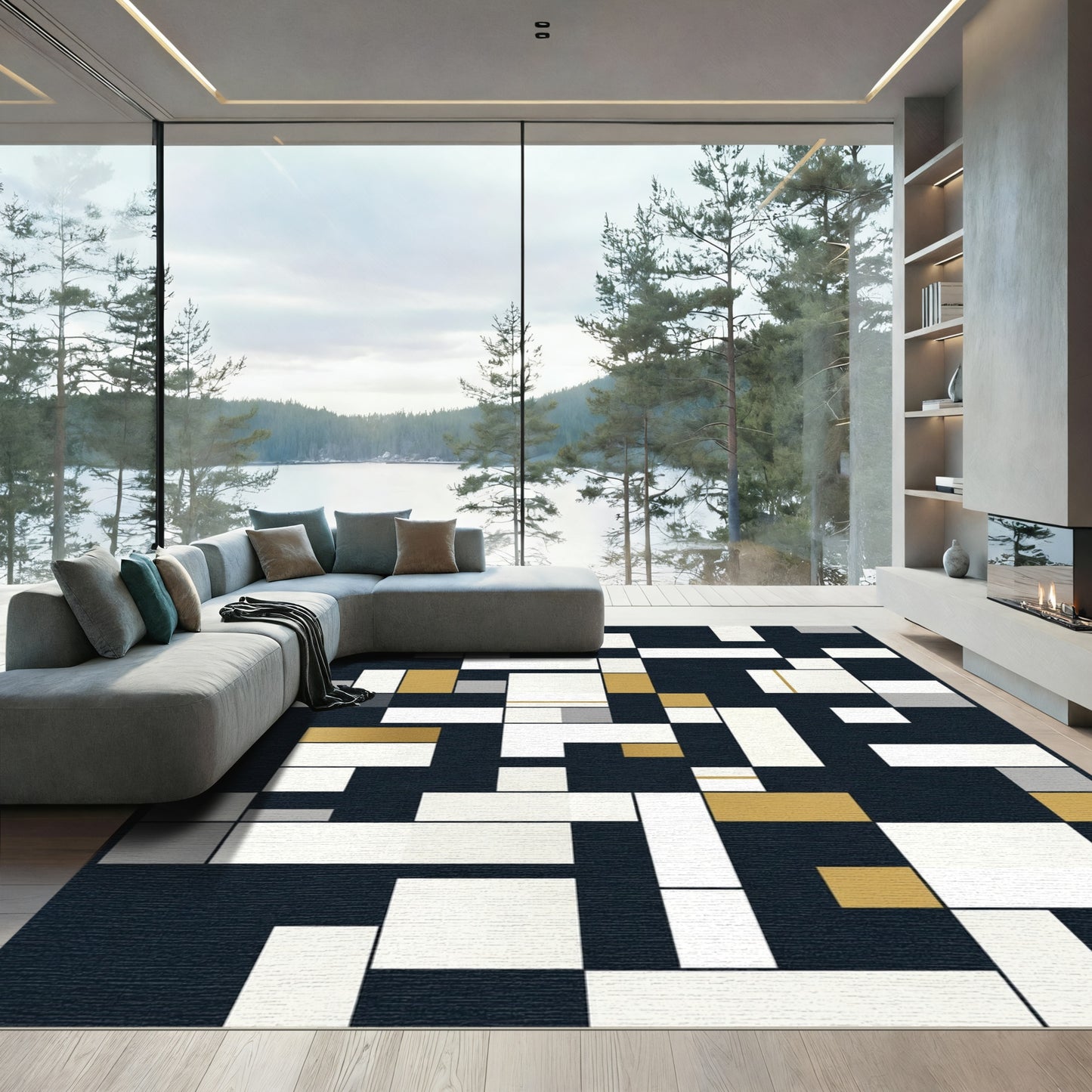 Modern Gold White Geometric Grid Rug