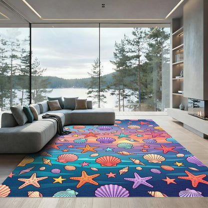 Coastal Sunset Seashell and Starfish Illustration Rug