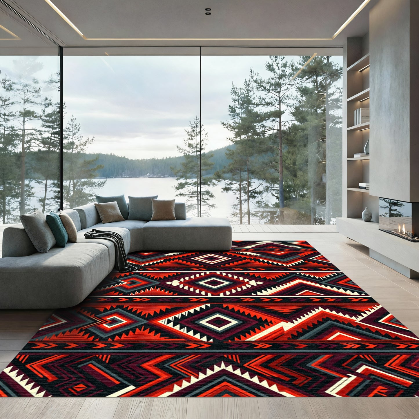 Bold Red Geometric Tribal Diamond Rug