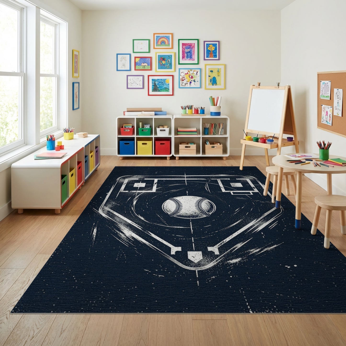 Distressed White Baseball Diamond Navy Rug