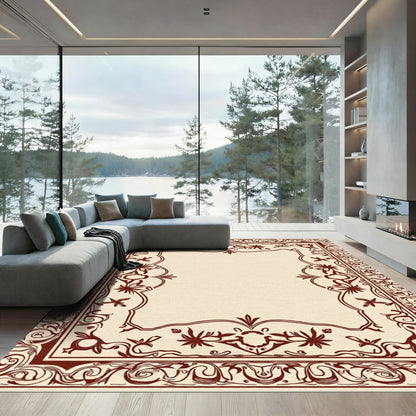 Crimson Vintage Floral Scroll Frame Rug