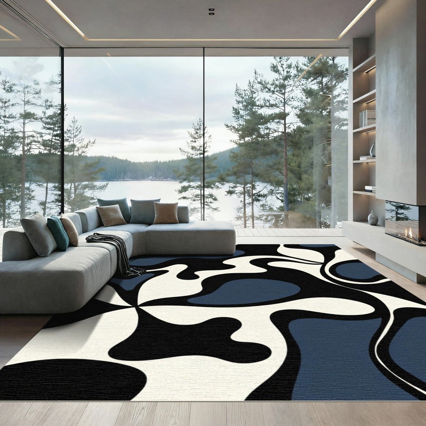 Cream Navy Black Amoeba Swirl Rug