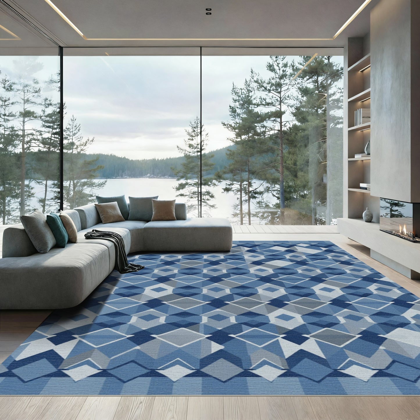 Mid-Century Geometric Blue Diamond Lattice Rug