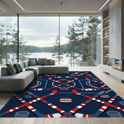 Geometric Hockey Stick and Puck Art Rug