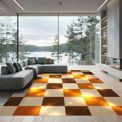 Orange And White Checkerboard Light Glare Rug