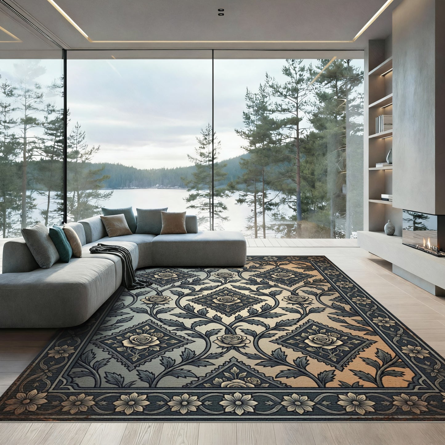 Vintage Rose Floral Diamond Bordered Rug
