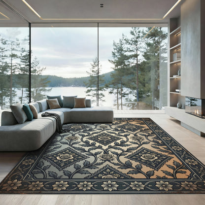 Vintage Rose Floral Diamond Bordered Rug