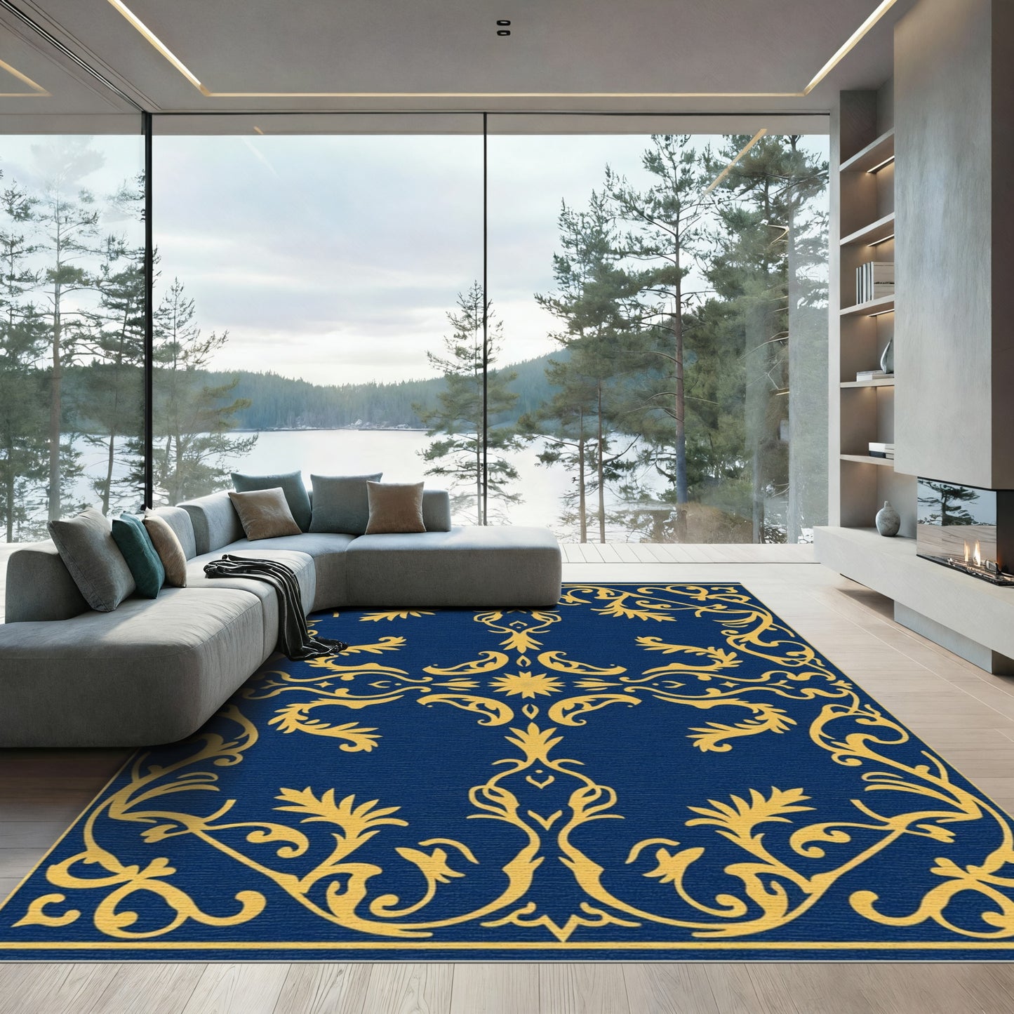 Navy Gold Filigree Floral Scroll Rug