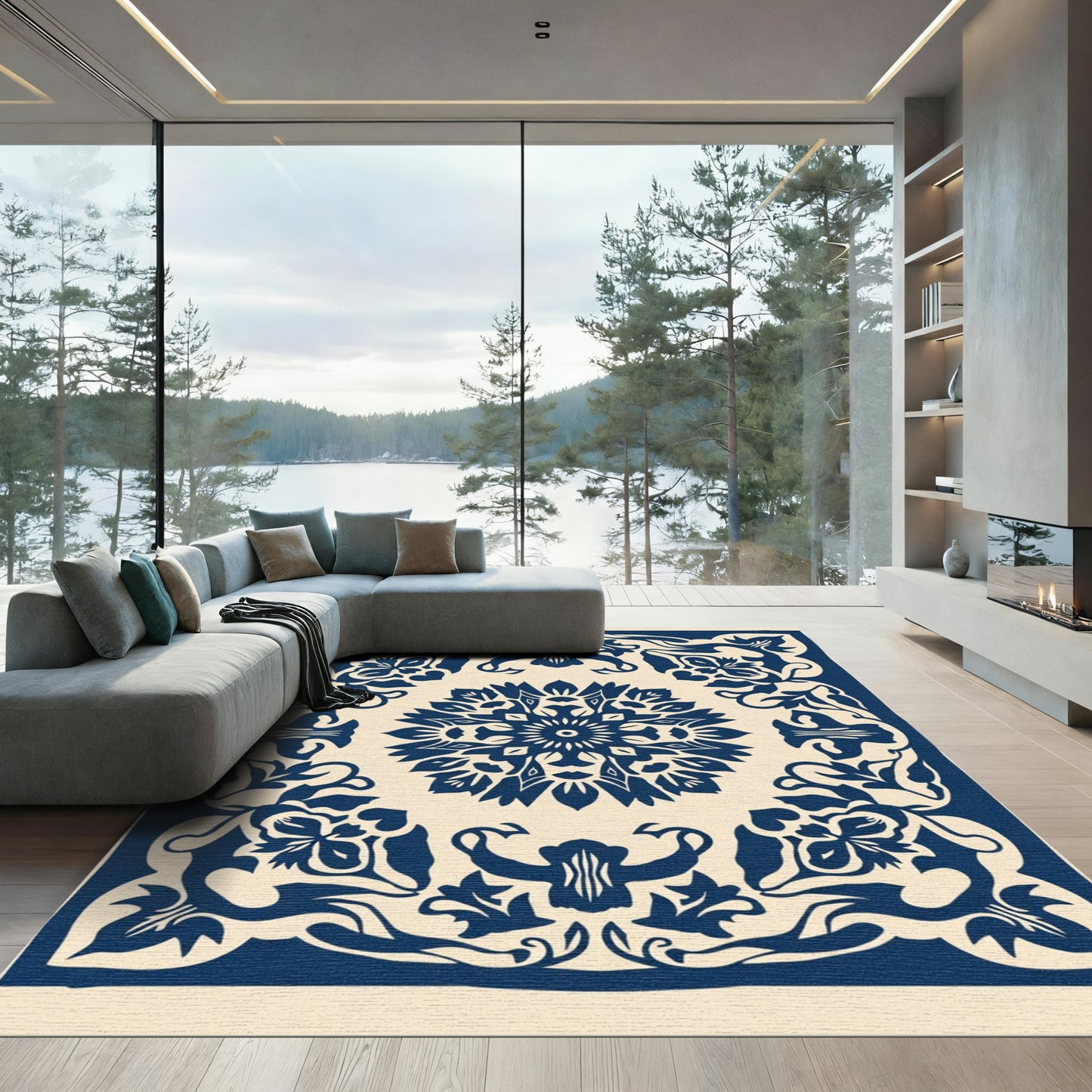Indigo Floral Medallion Traditional Rug