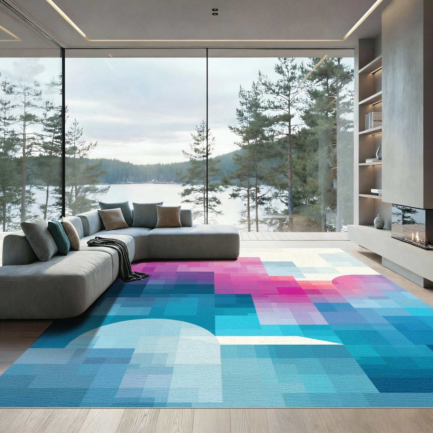 Modern Pink Blue Geometric Pixel Rug