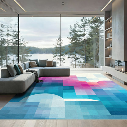 Modern Pink Blue Geometric Pixel Rug