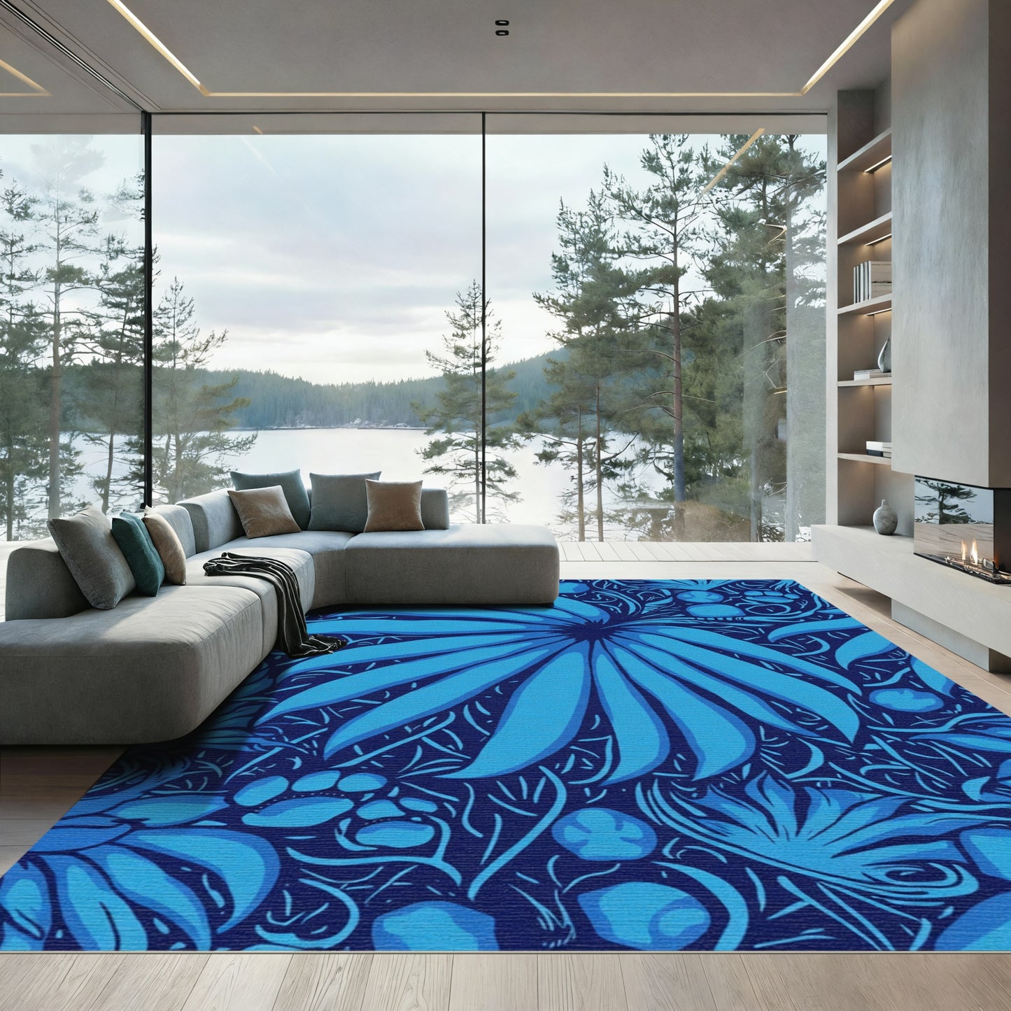 Deep Blue Tropical Bloom Accents Rug