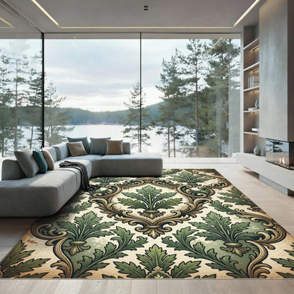Vintage Green Acanthus Damask Scroll Rug