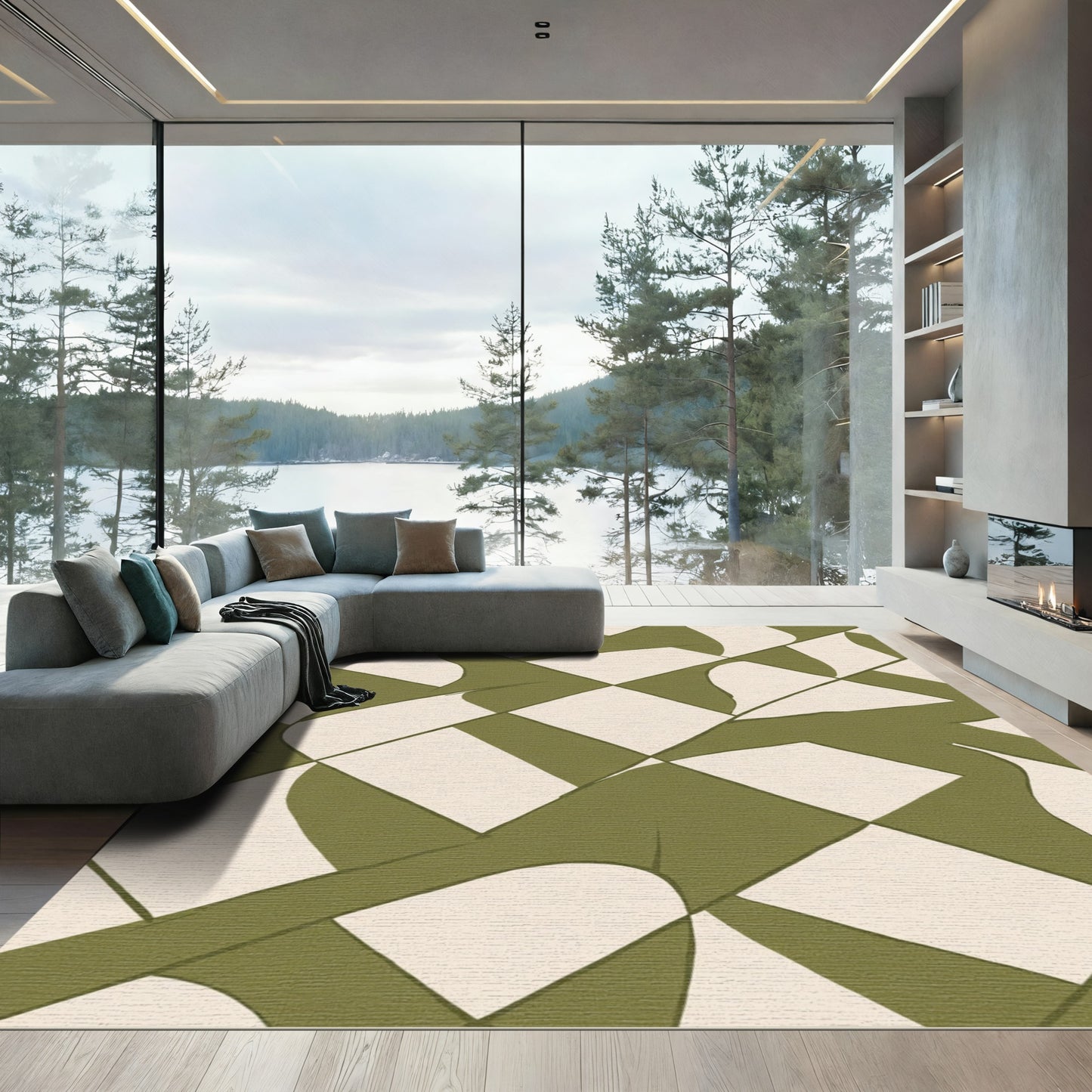 Olive Green Abstract Diamond Weave Rug