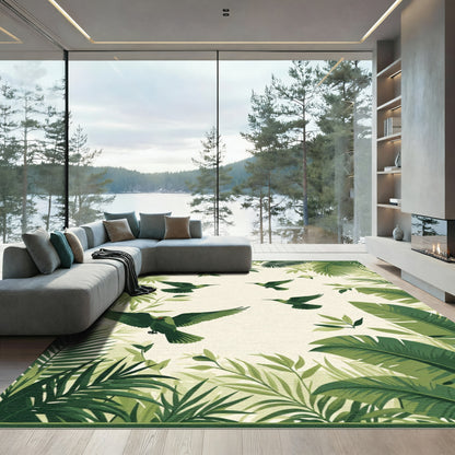 Green Tropical Birds Palm Leaves Rug