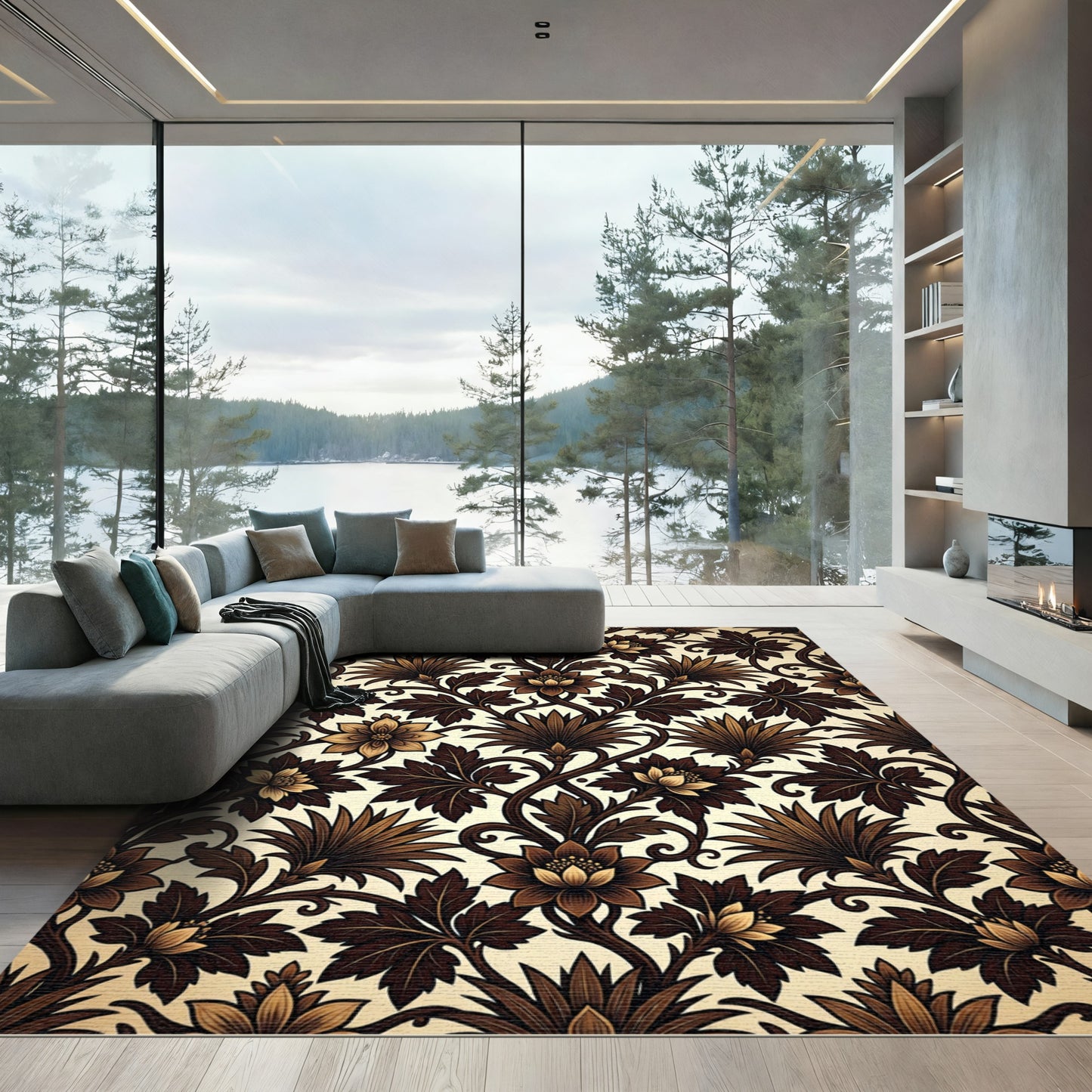 Golden Brown Victorian Botanical Swirl Rug