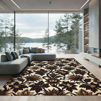 Golden Brown Victorian Botanical Swirl Rug