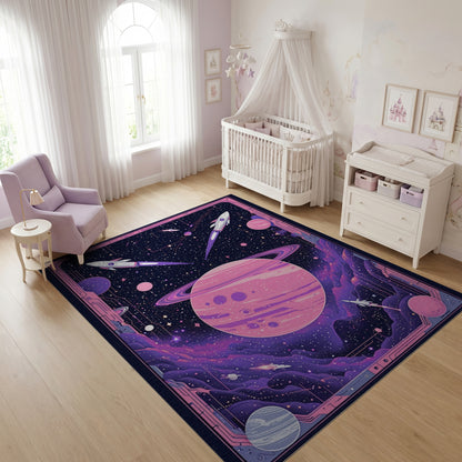 Pink Saturn Rockets Cosmic Nebula Rug