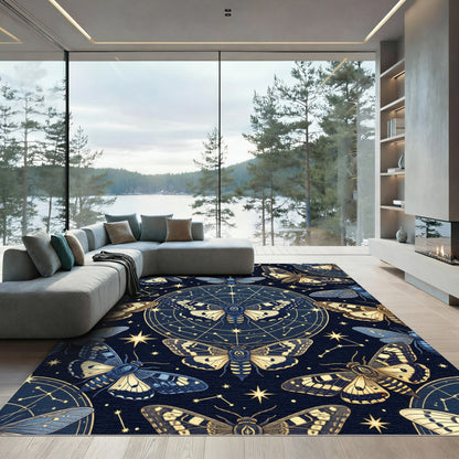 Celestial Gold and Navy Moth Tapestry Rug