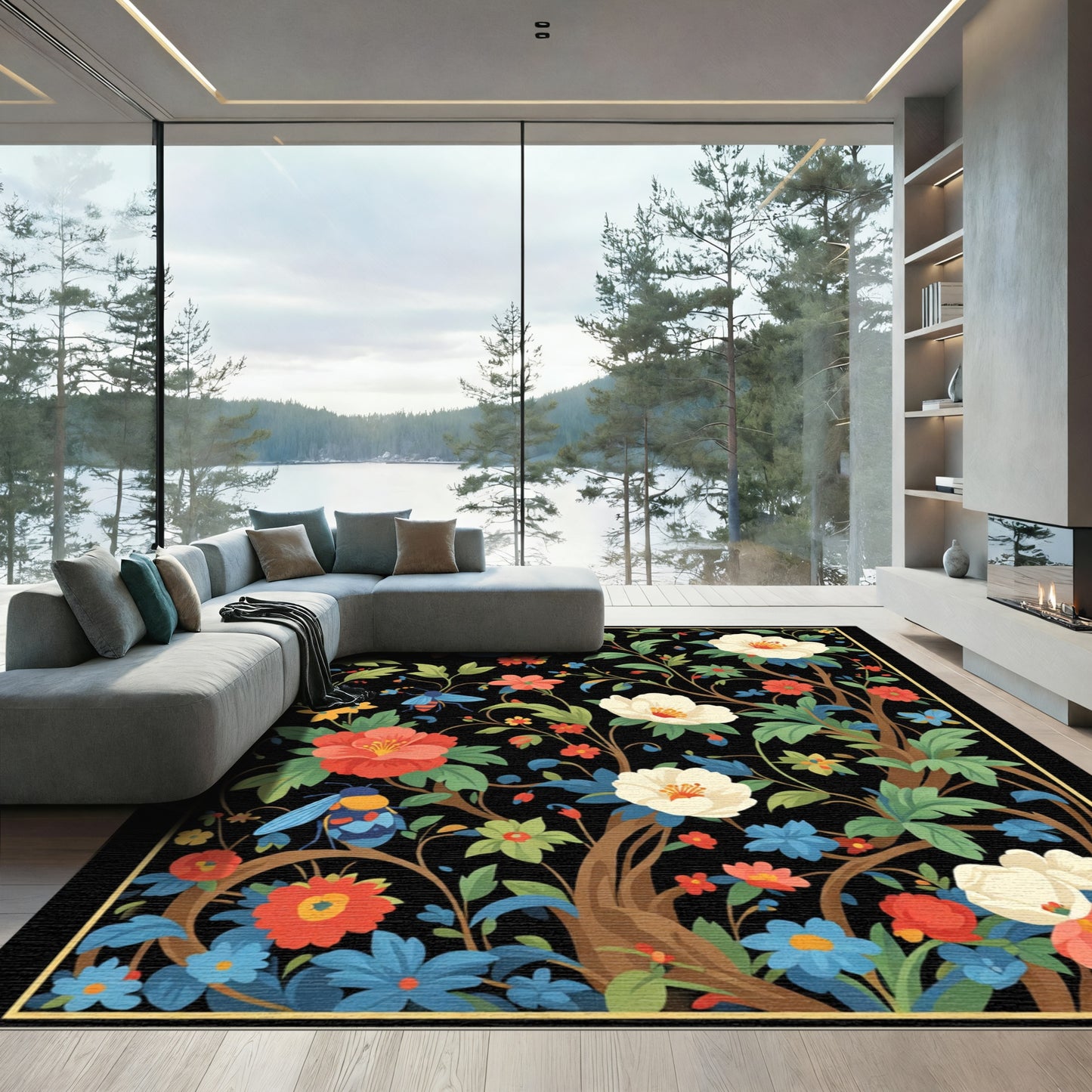 Black Botanical Garden Butterfly Insect Rug