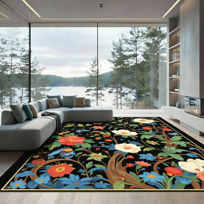 Black Botanical Garden Butterfly Insect Rug