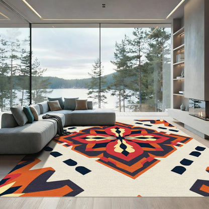 Crimson Red Geometric Floral Medallion Rug