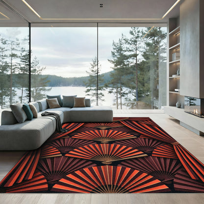 Crimson and Umber Fan Mandala Rug