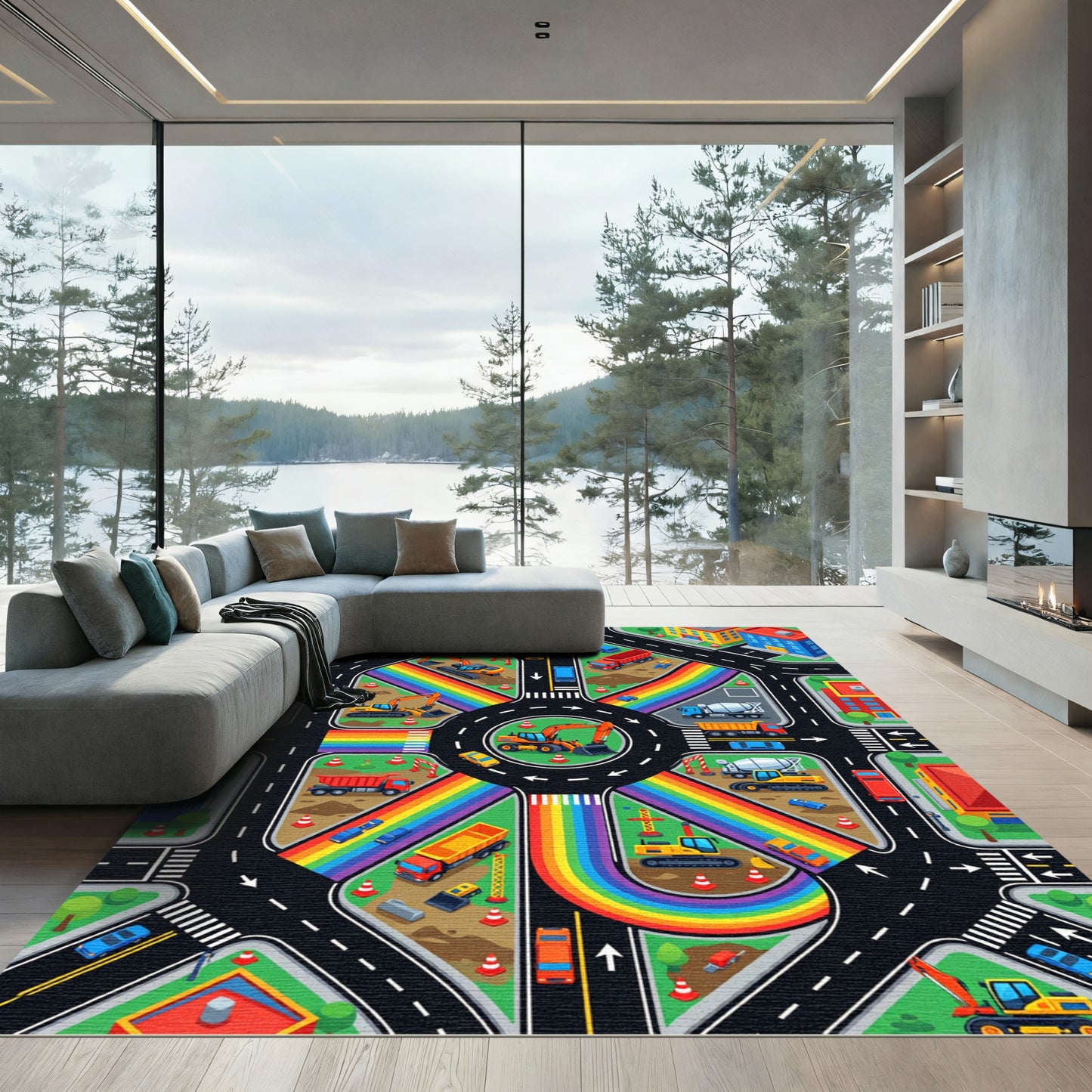 Constructive Rainbow City Construction Zone Roadway Rug