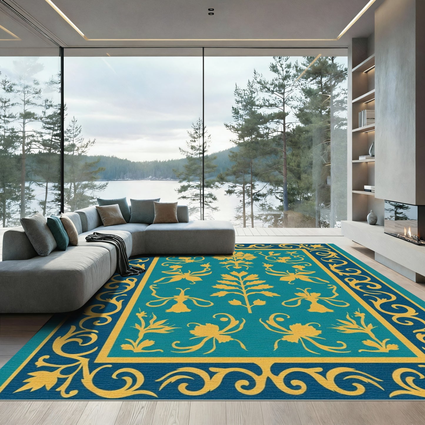 Teal Gold Floral Garden Border Rug