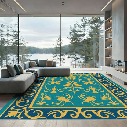 Teal Gold Floral Garden Border Rug