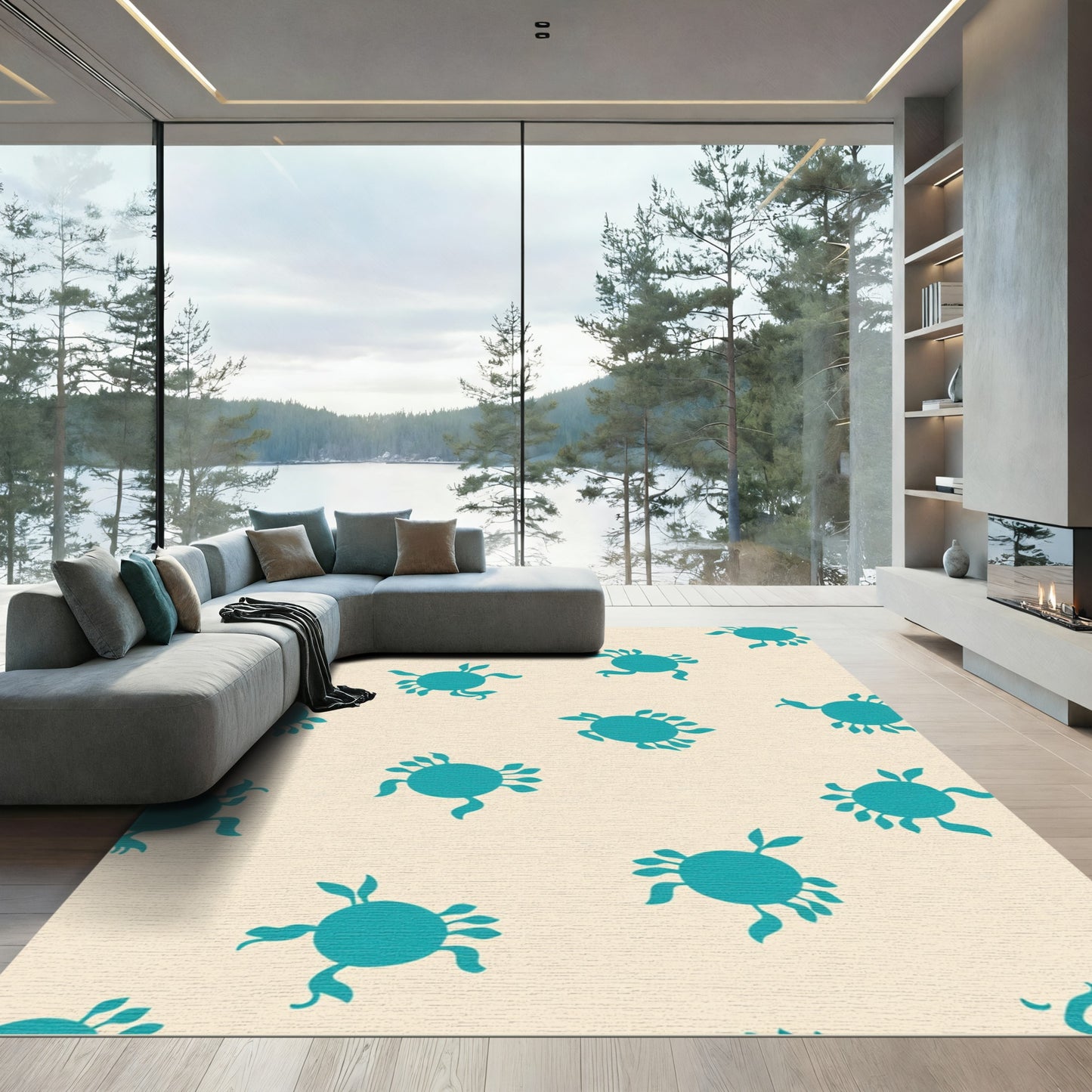 Teal Crab Pattern Cream Background Rug