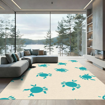 Teal Crab Pattern Cream Background Rug