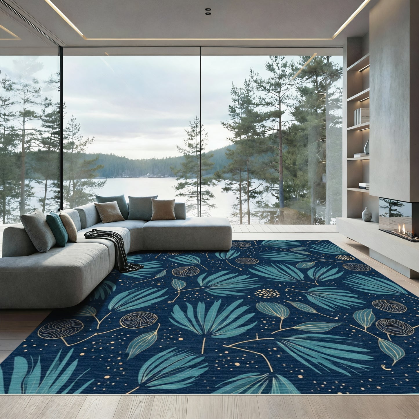 Deep Teal Tropical Leaf Medley Tapestry Rug