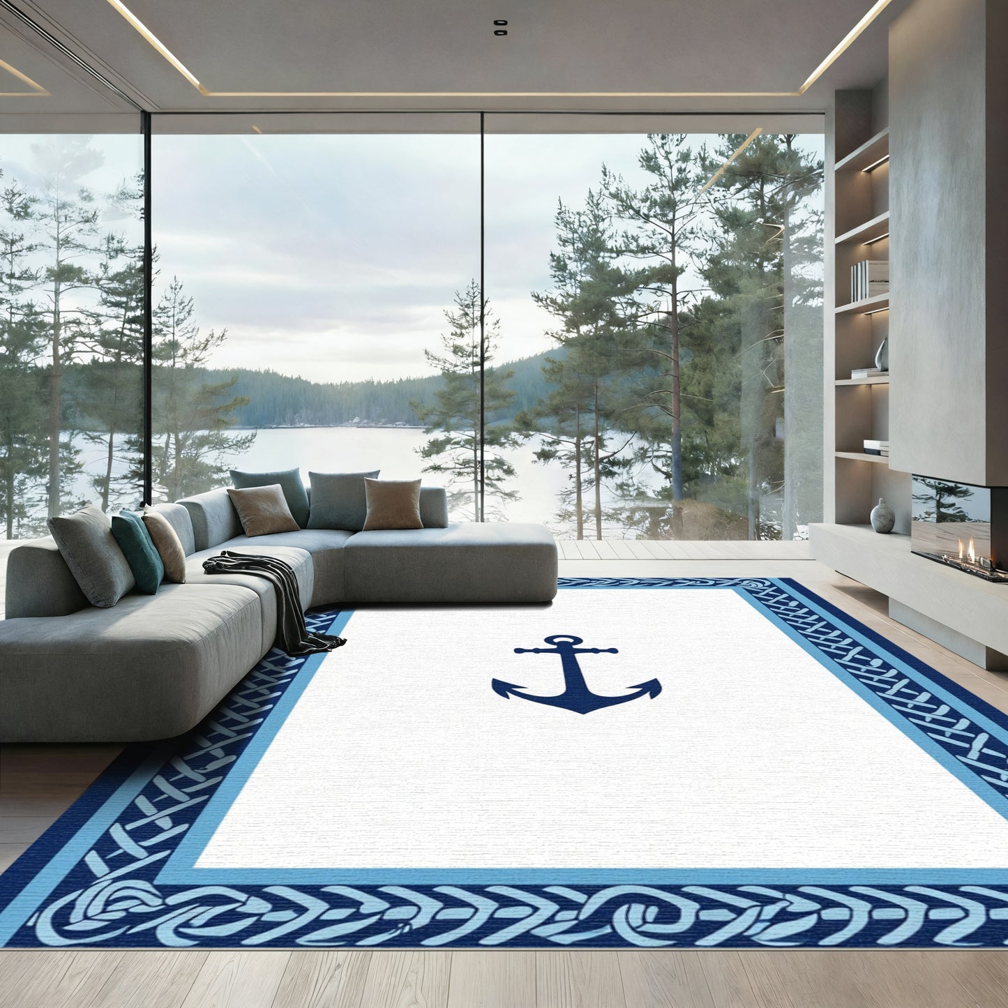 Navy Anchor Nautical Rope Border Rug