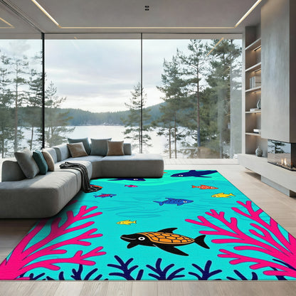 Whimsical Coral Reef Fish Scene Rug