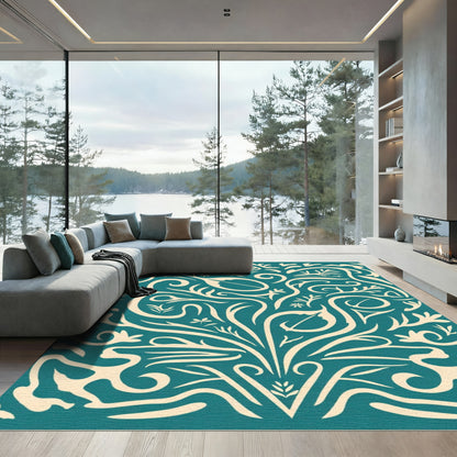 Teal Cream Organic Swirl Botanical Rug