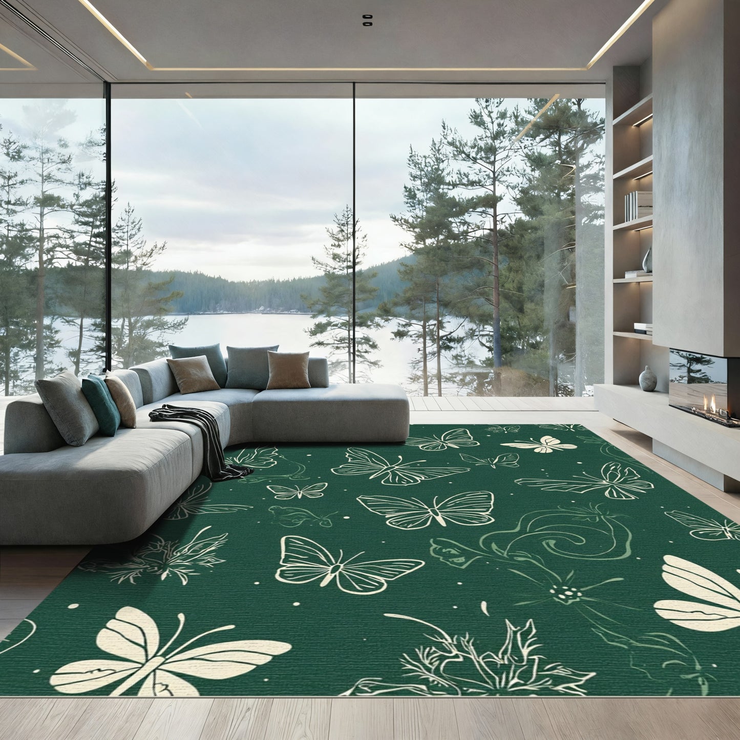 Cream Monarch Butterflies Garden Whimsical Rug